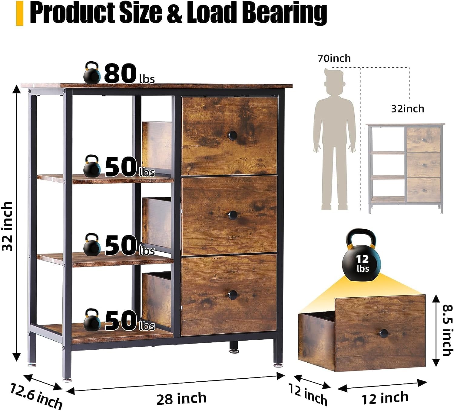 Brown Coffee Station Cabinet with 3 Wooden Drawers & Shelves Y487