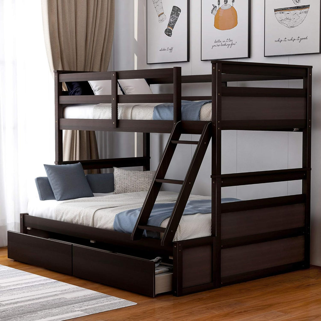 Over Full Wood Bunk Bed Frame With Two Drawer, Espresso I24205