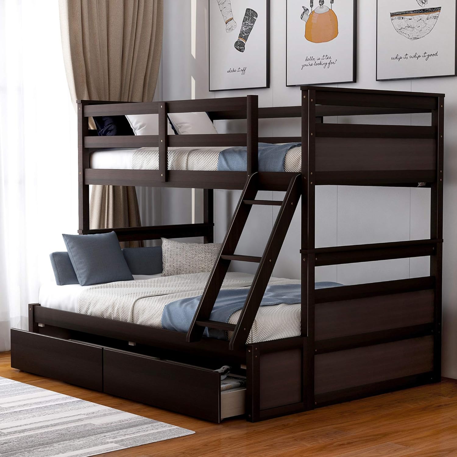 Over Full Wood Bunk Bed Frame With Two Drawer, Espresso I24205