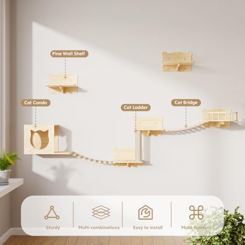 16 Pcs Pine Wooden Cat Wall Shelves with House K63919
