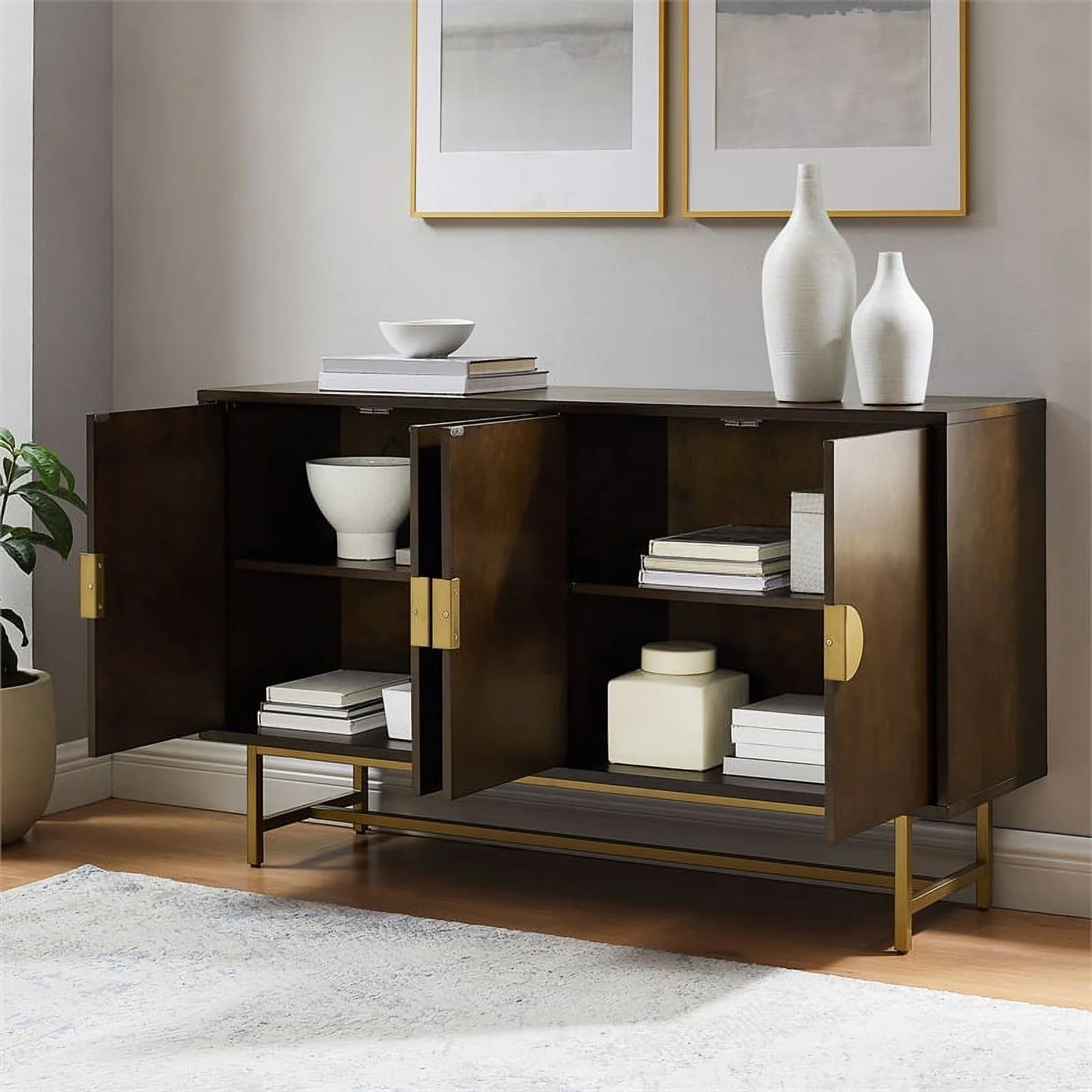 Dark Brown/Gold Wood/Steel Sideboard H51018