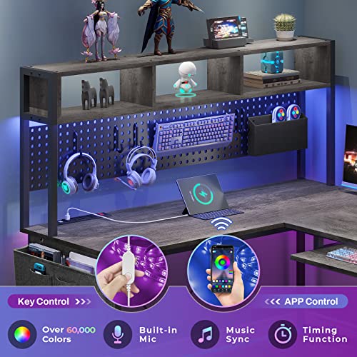 Black L Shaped Gaming Desk with Power Outlet and Pegboard U905