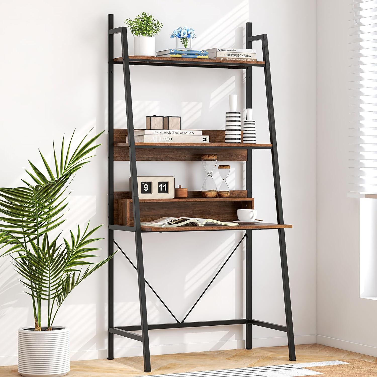 Brown Freestanding Ladder Desk with Open Shelves Z16907
