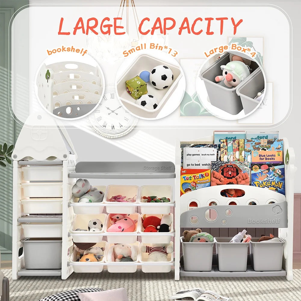 Grey Kids Bookshelf Toy Storage Organizer with 17 Bins and 4 Bookshelves U4858