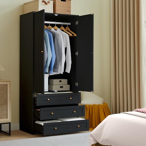 Black 71" Wooden Wardrobe Armoire with 3 Drawers F4485