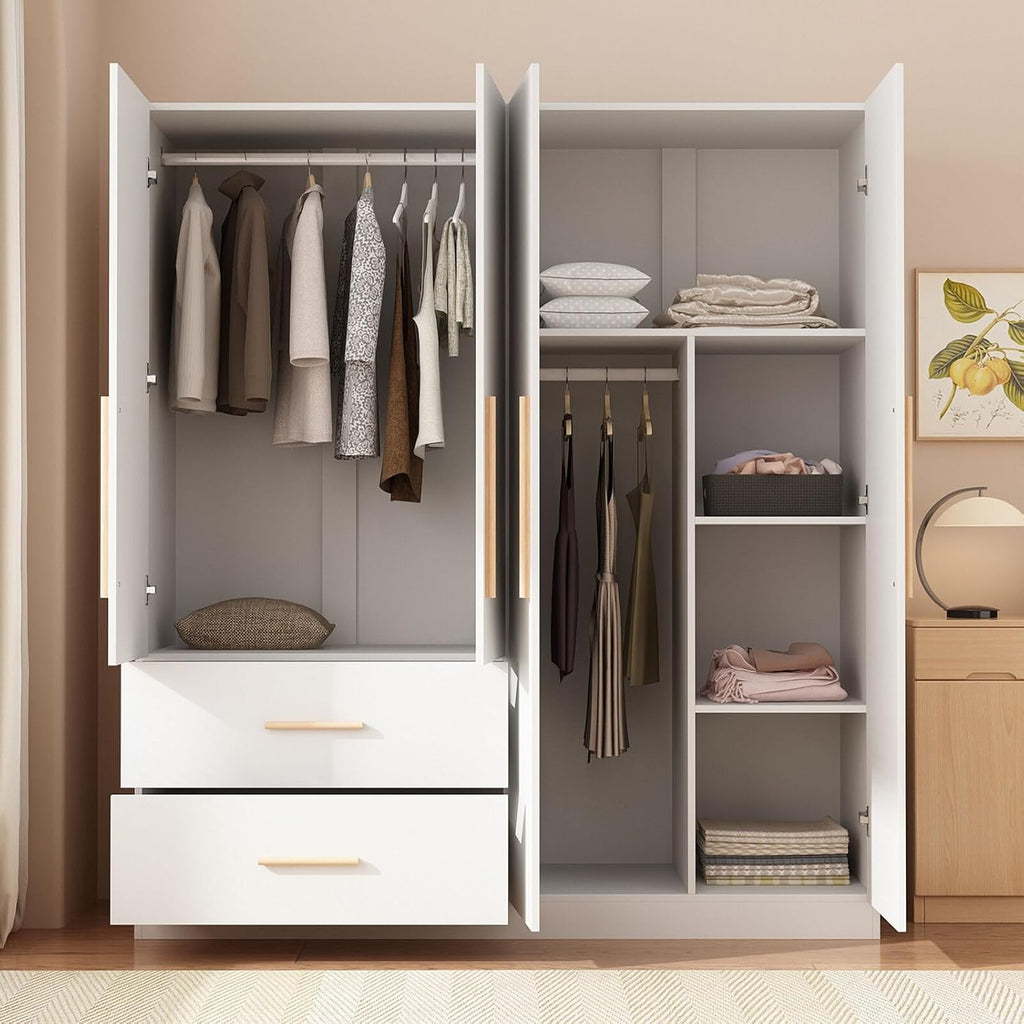 White 4-Door 2-Drawer Wood Wardrobe Armoire O123778
