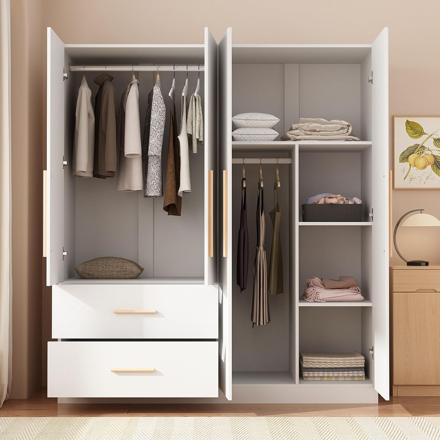 White 4-Door 2-Drawer Wood Wardrobe Armoire O123778