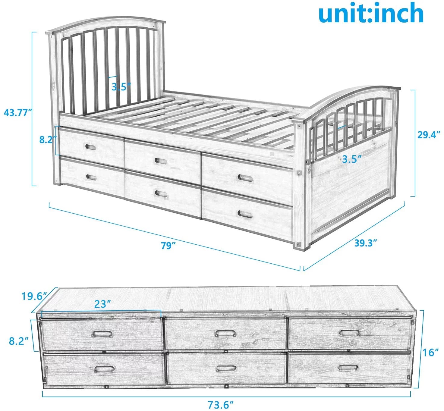 Twin Size Wood Platform Storage Bed with 6 Drawers G49579