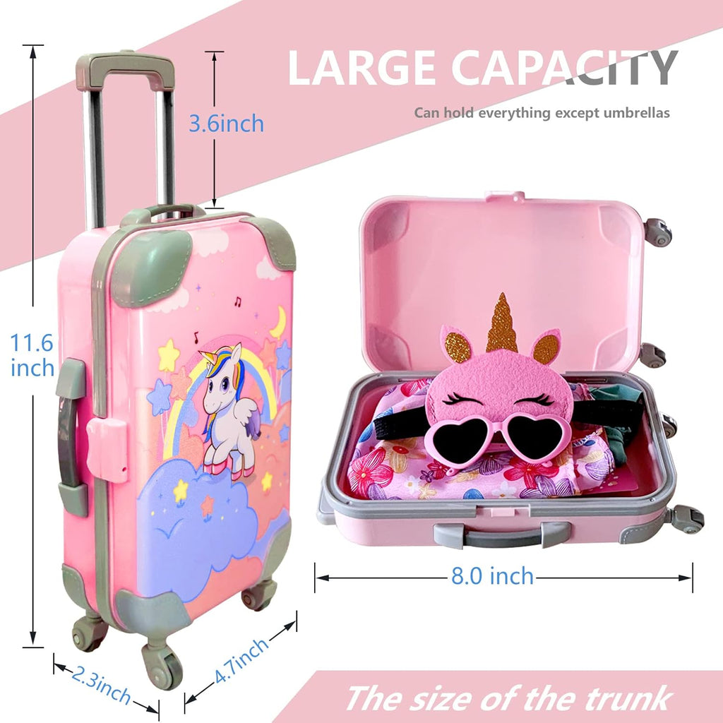 18 Inch Doll Clothes and Accessories Travel Suitcase Play Set Including Luggage, 2 Sets of Doll Clothes and Shoes, Umbrella Sunglasses Camera Travel Pillow Blindfold Passport Tickets O941421