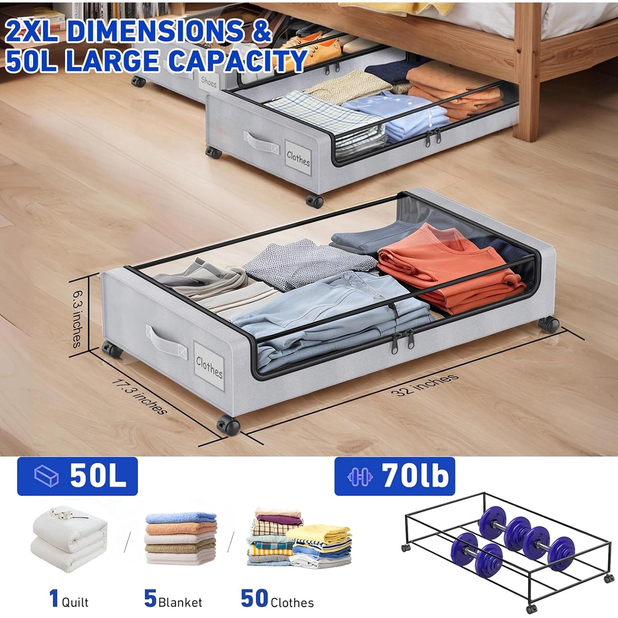 Gray 4-Pack 60L Under Bed Storage Bins with Wheels and Clear Lids U879