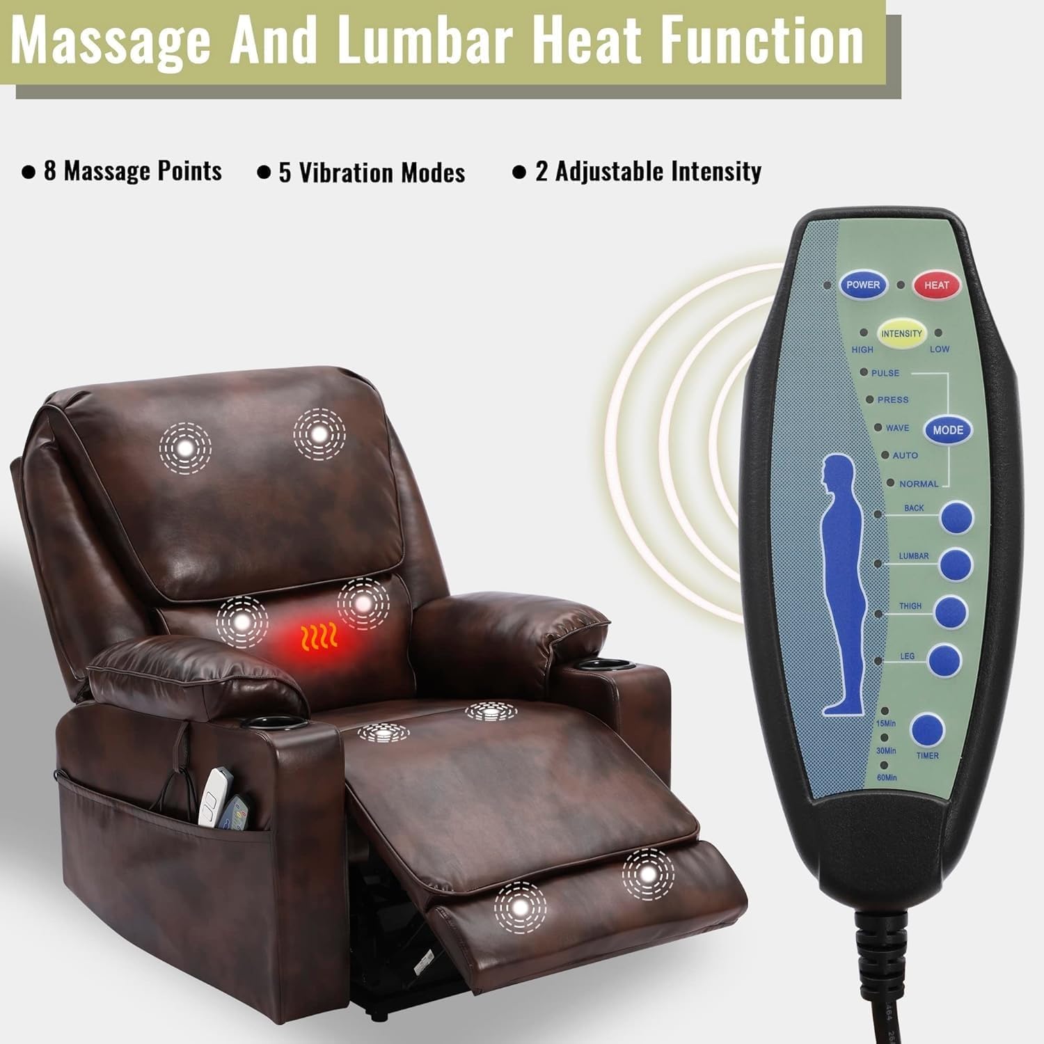 Brown Leather Power Lift Recliner Chair with Massage and Heated F21047