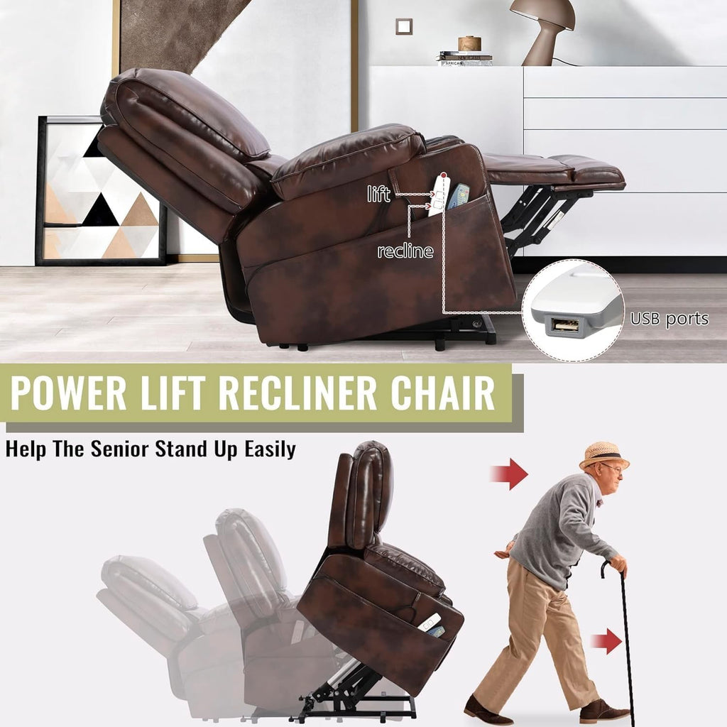 Brown Leather Power Lift Recliner Chair with Massage and Heated F21047