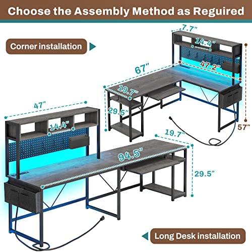 Black L Shaped Gaming Desk with Power Outlet and Pegboard U905