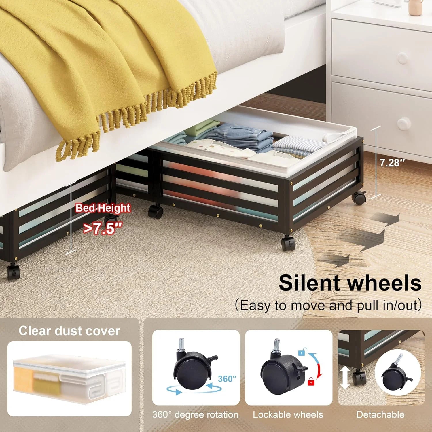 2 Pcs Bamboo Wood Rolling Underbed Storage Bins with Wheels M361