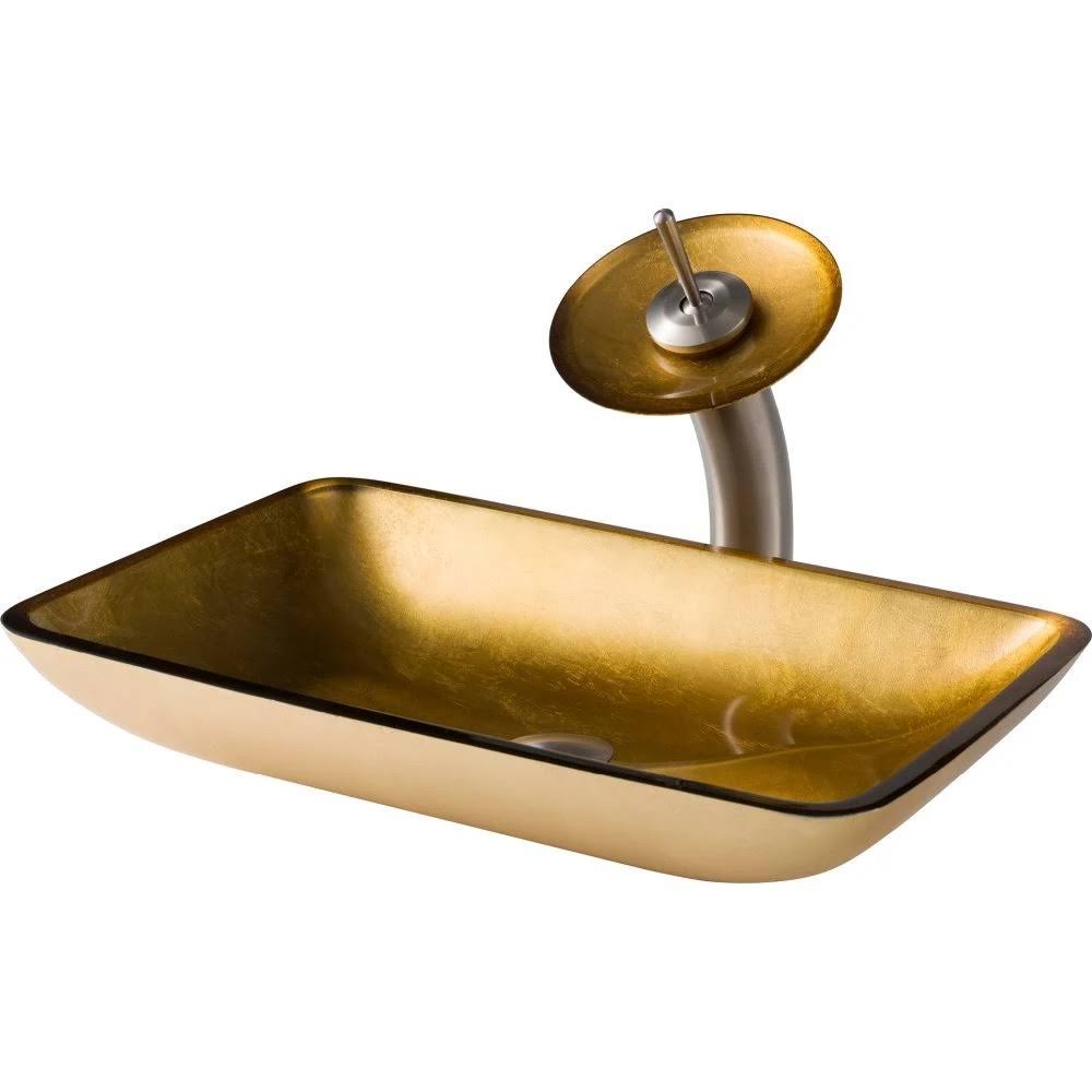 Golden Pearl Rectangular Glass Vessel Sink and Waterfall Faucet J67653