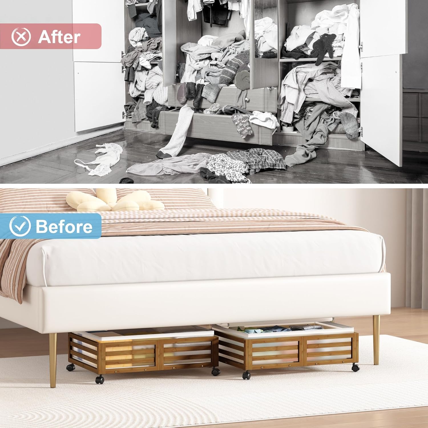 2 Pcs Bamboo Wood Rolling Underbed Storage Bins with Wheels M361
