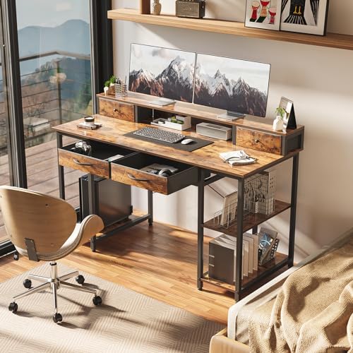 55 Inch Computer Desk with Monitor Shelf, 4 Drawers, Brown S32303