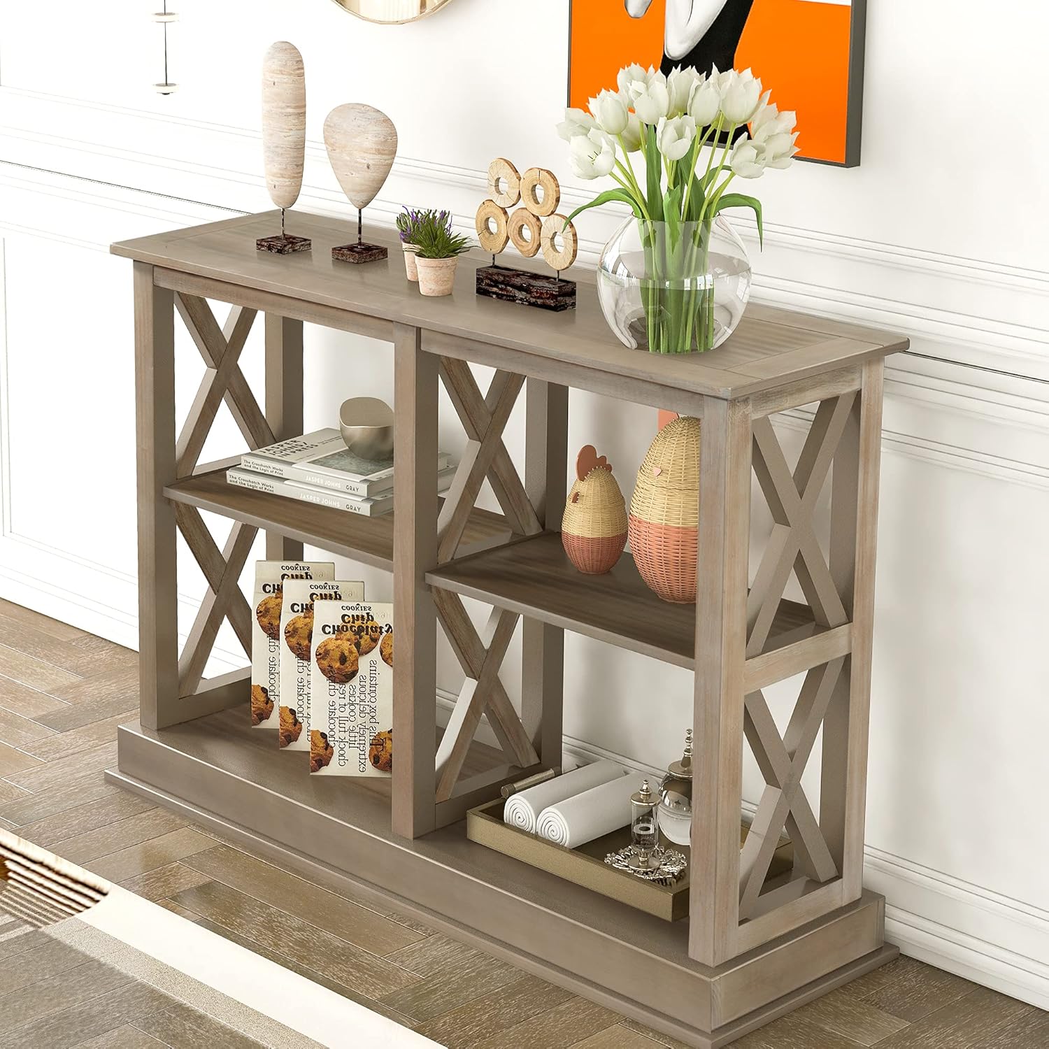 White Wash Console Table with 3-Tier Open Storage S3693