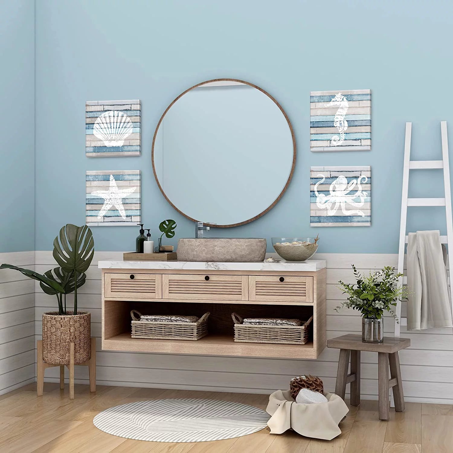 Blue Coastal Nautical Canvas Prints set of 4, 12x12 inch K309397