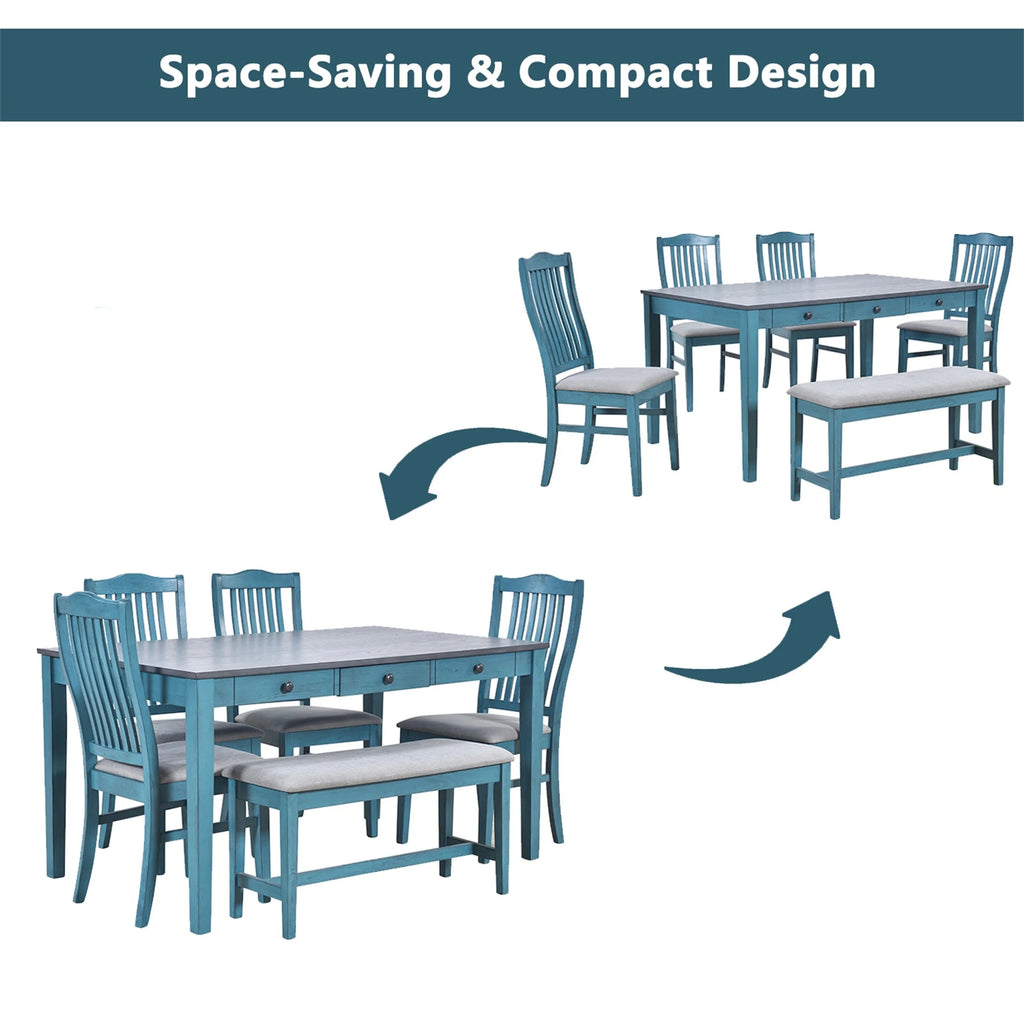 6 Piece Wood Dining Table Set With Drawer Antique Blue S23215