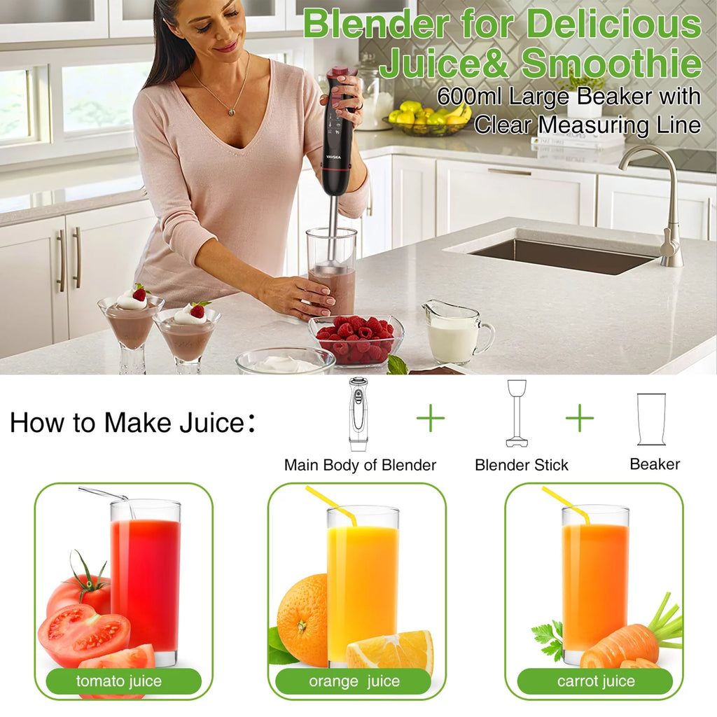 12-Speed Stainless Steel Hand Blender with Chopper, Beaker, 600ml, Whisk and Milk Frother V496