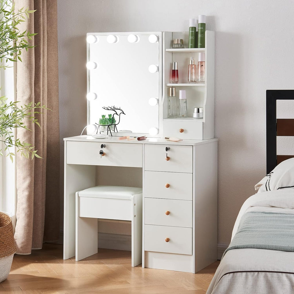 Girls Makeup Vanity with Sliding Mirror and Lights, Lockable Drawers and Cabinets, Dressing Cosmetic Table with Soft Chair L41023