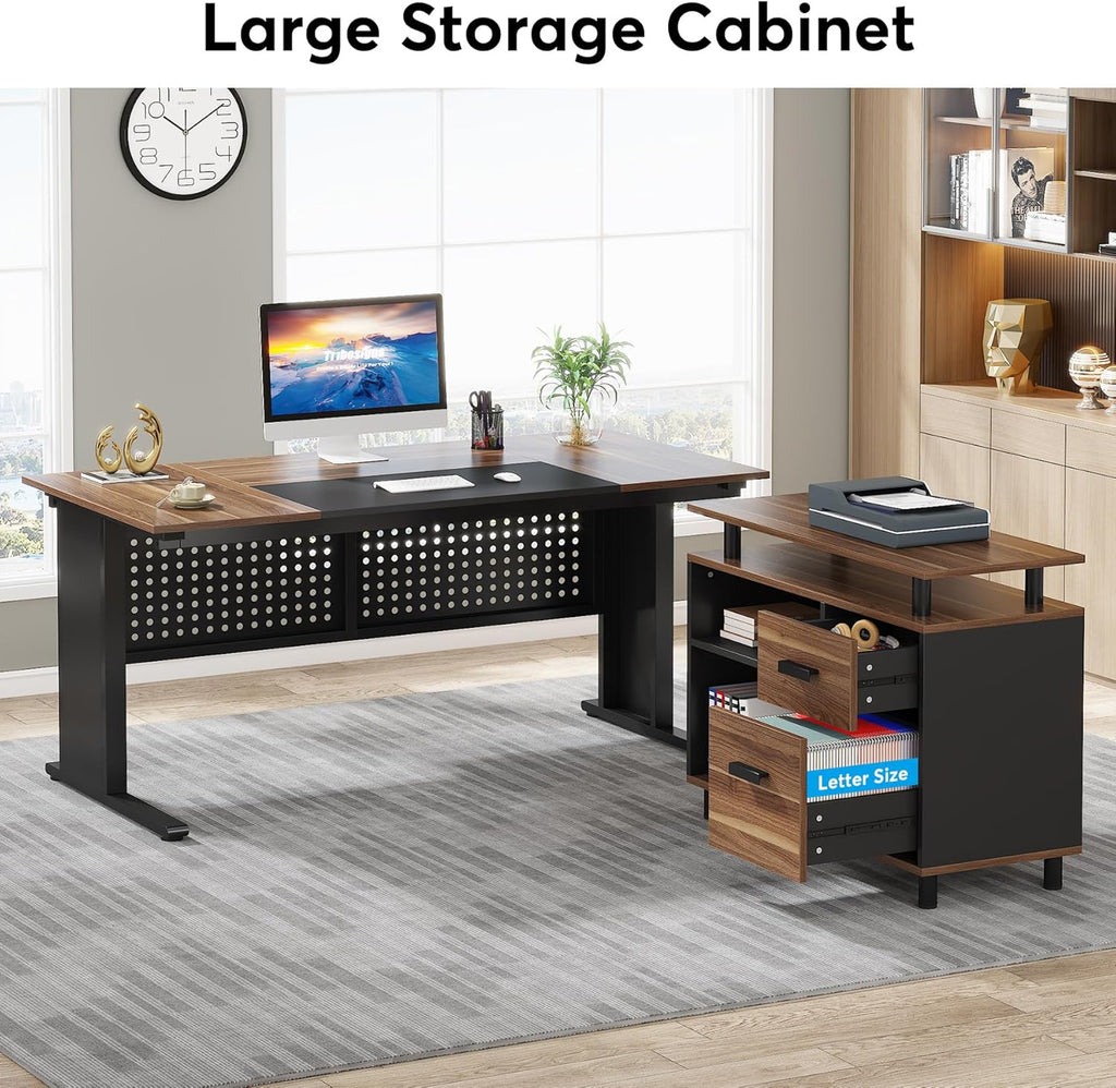 Brown and Black 63 Inch L Shaped Computer Desk with File Cabinet M226341