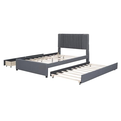 Beige Linen Upholstered Platform Bed Frame with Twin XL Trundle and 2 Drawers D3887