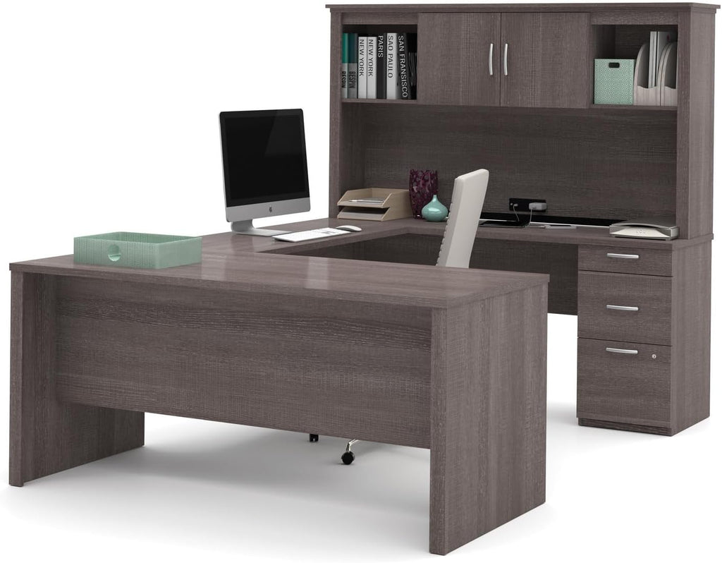U-Shaped Executive Desk with Pedestal and Hutch in bark grey P72672