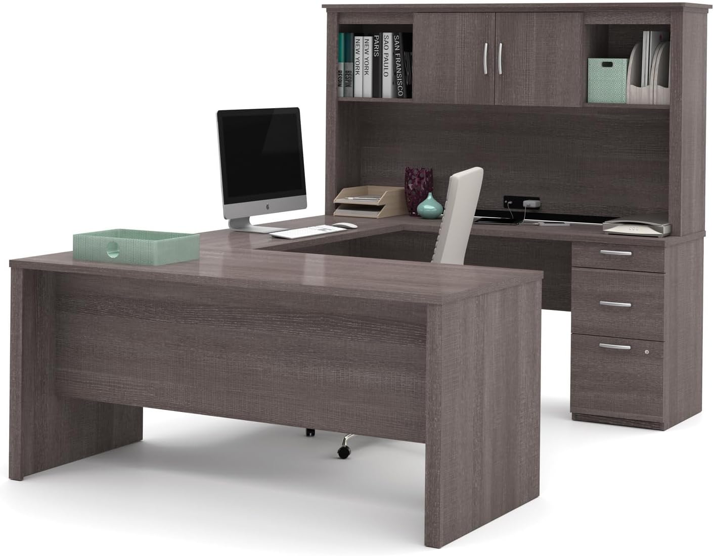 U-Shaped Executive Desk with Pedestal and Hutch in bark grey P72672