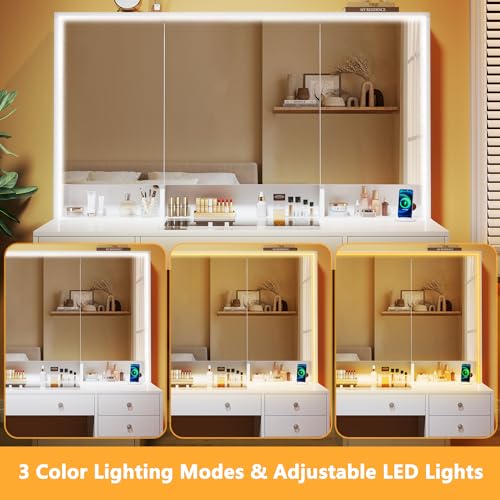 White 50" Vanity Desk with Mirror and Lights, Glass Top, 11 Drawers & 8 Hidden Storage Shelves, 3 LED Lighting Modes V24367