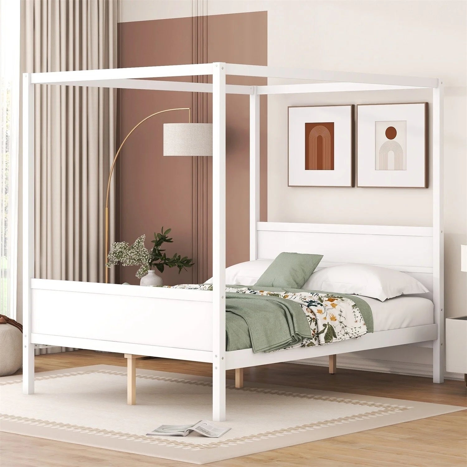 White Queen Size Canopy Platform Bed with Headboard and Footboard R26313