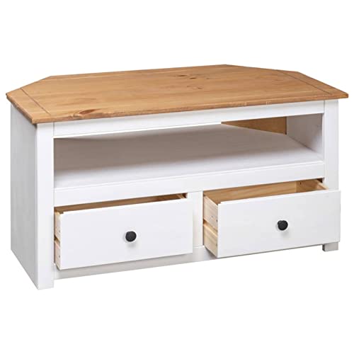 Pine Wood Corner TV Cabinet with 2 Storage Drawers and 1 Open Compartment, 36.6 x 19.3 x 19.3 Inches K7101