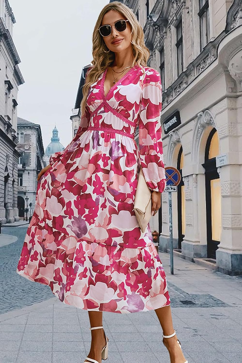 Rose V Neck Long Sleeve Wrap Maxi Dress Chiffon A871864