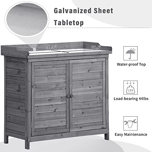 Brown Wooden Potting Bench Table with 2 Drawers, Cabinet, Open Shelves O84288