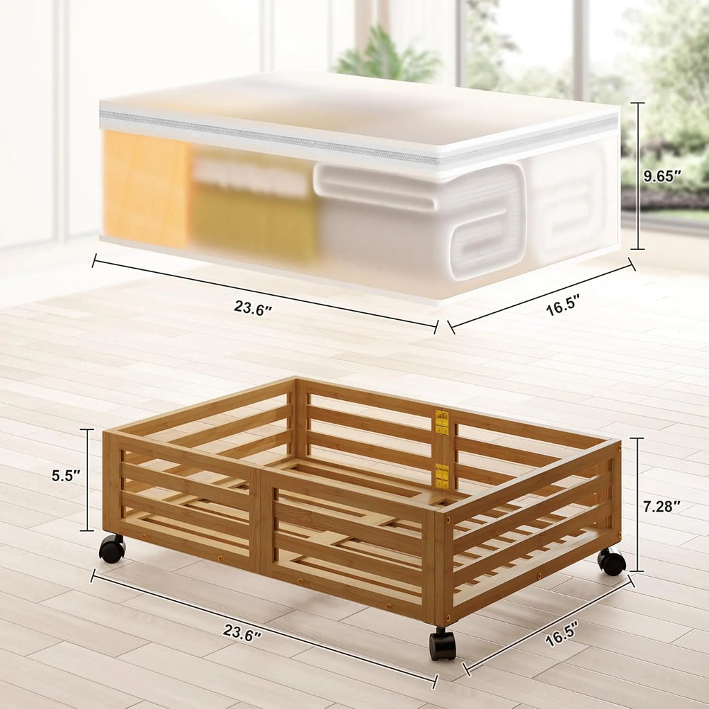 2 Pcs Bamboo Wood Rolling Underbed Storage Bins with Wheels M361