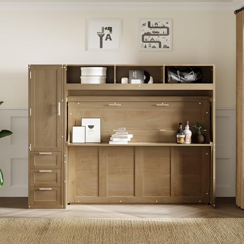 Antique Grey Wooden Murphy Bed with Wardrobe, 3 Drawers and 3 Open Top Shelves Y852547