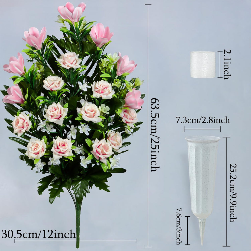 Artificial Rose Magnolia Flowers Bouquet with Cemetery Vase, 2 Sets L355041