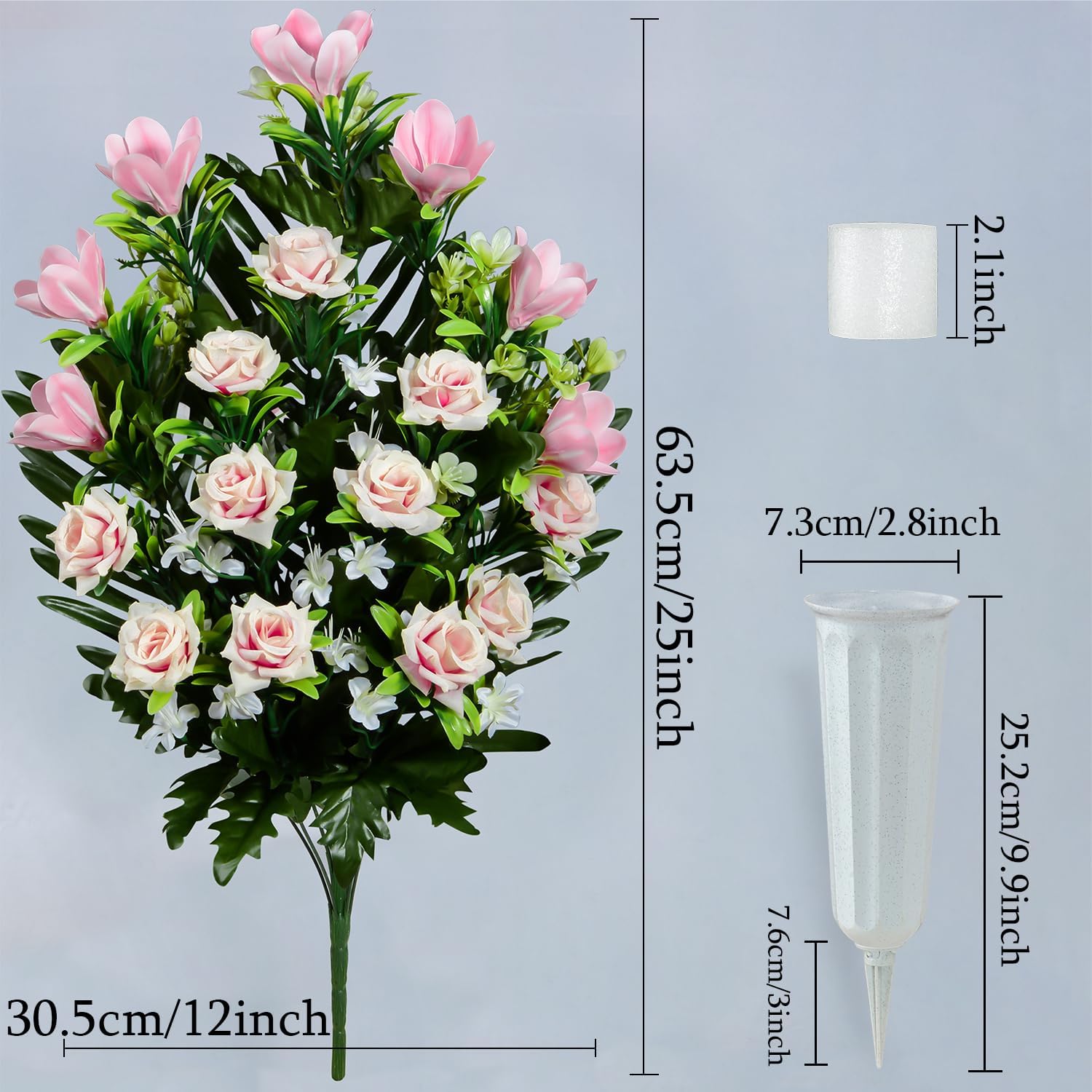 Artificial Rose Magnolia Flowers Bouquet with Cemetery Vase, 2 Sets L355041