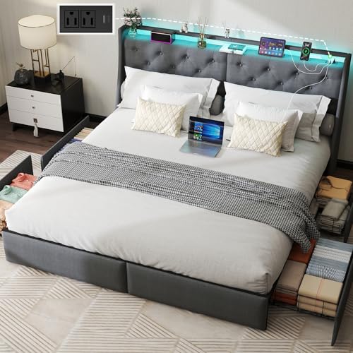 Gray Queen Upholstered Platform Bed Frame with 2 Storage Drawers and LED Light D12587
