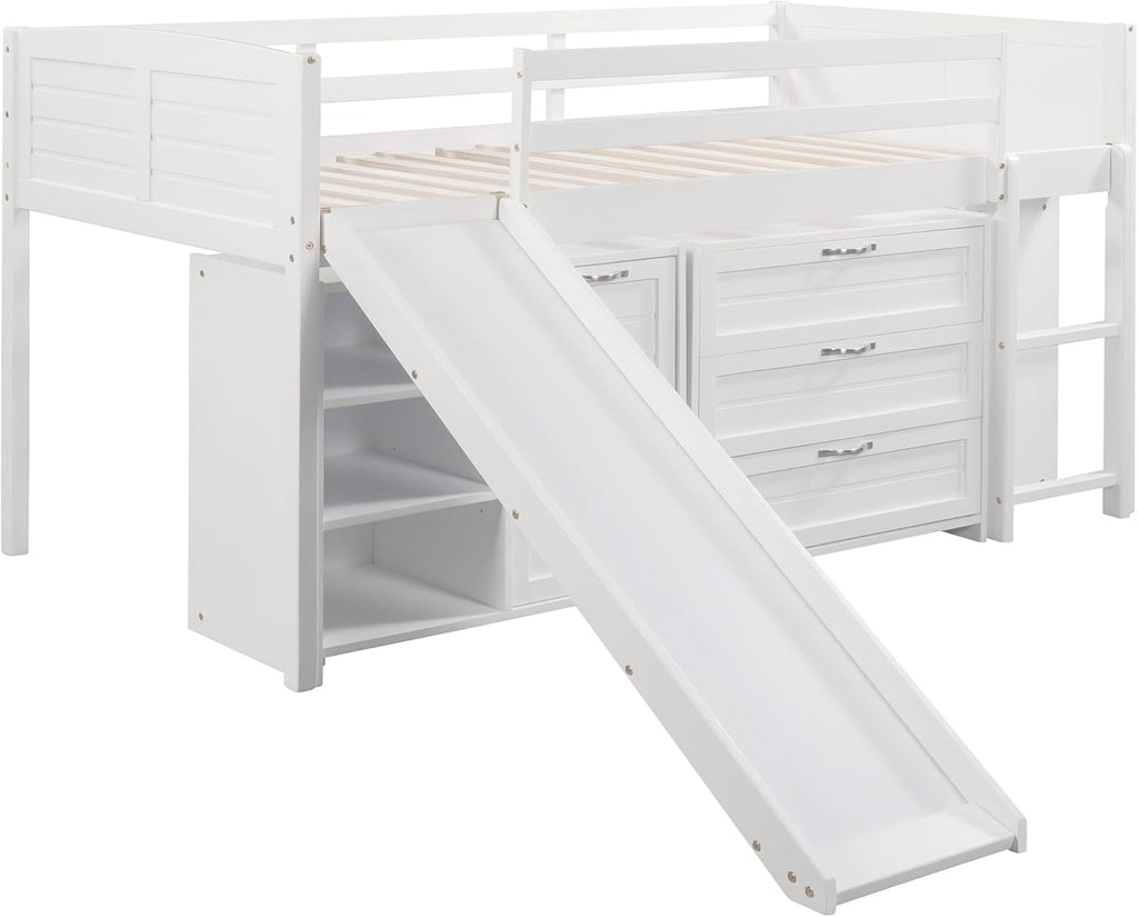 White Twin Low Loft Bed with Slide Storage Cabinets Drawers Shelves L219