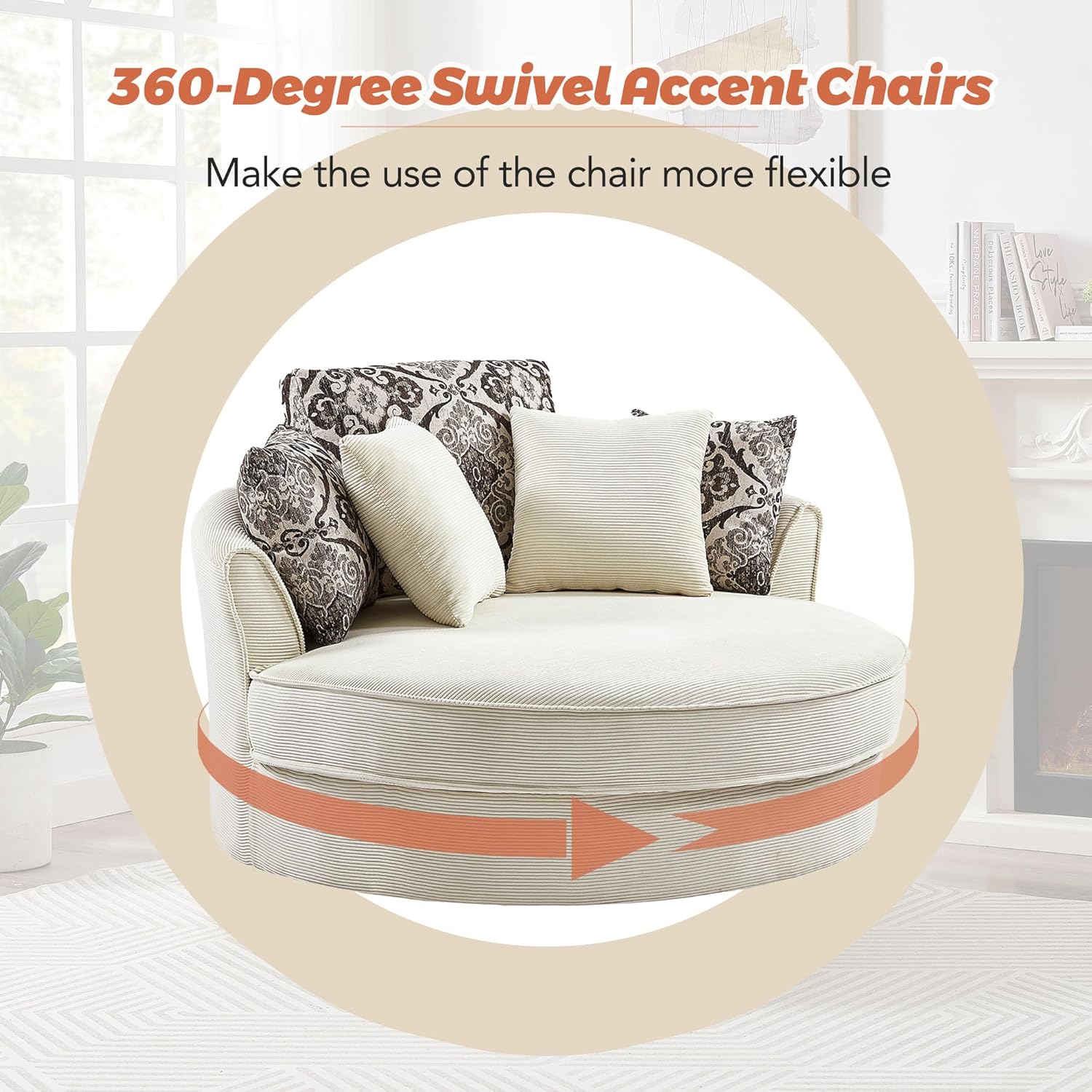 Oversized Corduroy Swivel Barrel Armchair with 5 Detachable Pillows J957