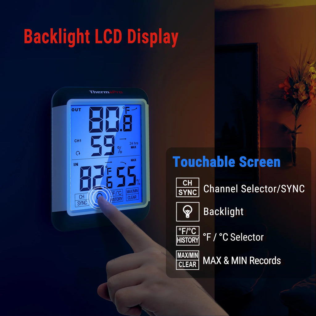 Indoor Outdoor Thermometer Digital Wireless Hygrometer Temperature Humidity Monitor with Jumbo Touchscreen and Backlight T291076