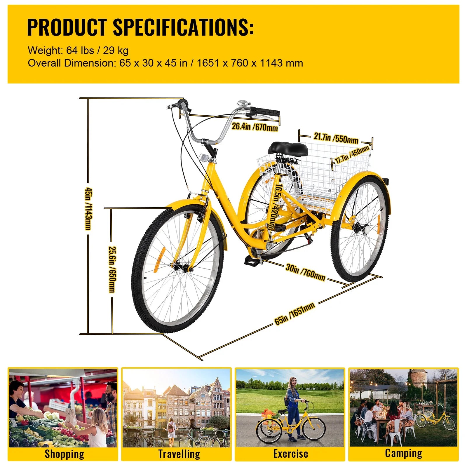 26in 7 Speed 3-Wheels Adult Tricycle with Basket L42897