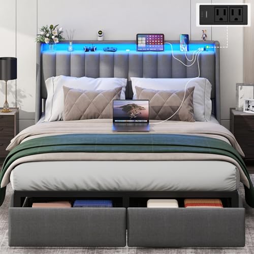 Gray Queen Upholstered Platform Bed Frame with 2 Storage Drawers and LED Light D12587