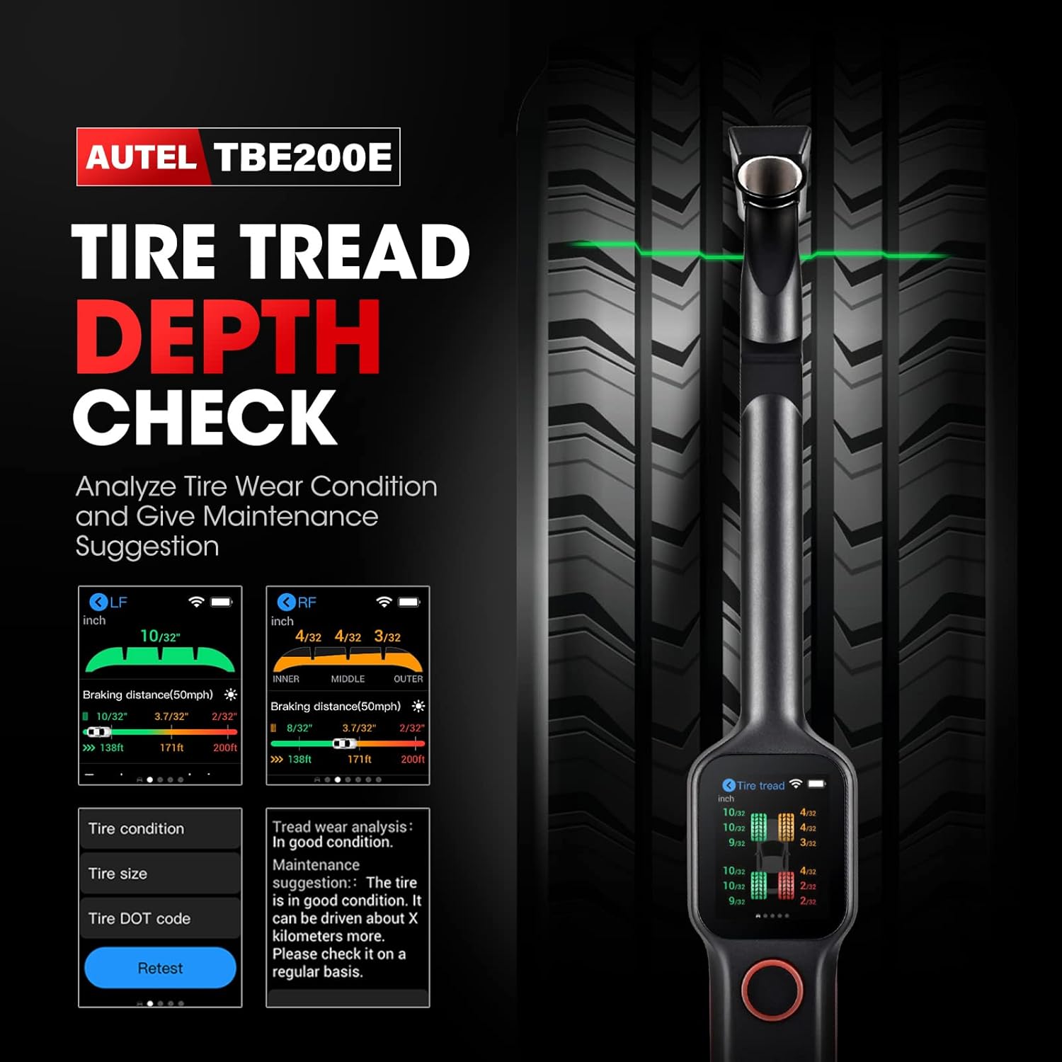 Tire Tread Depth Scan Tool Brake Disc Wear Scanner with 1.65” AMOLED Touchscreen Dual Cameras DOT Scan C88121