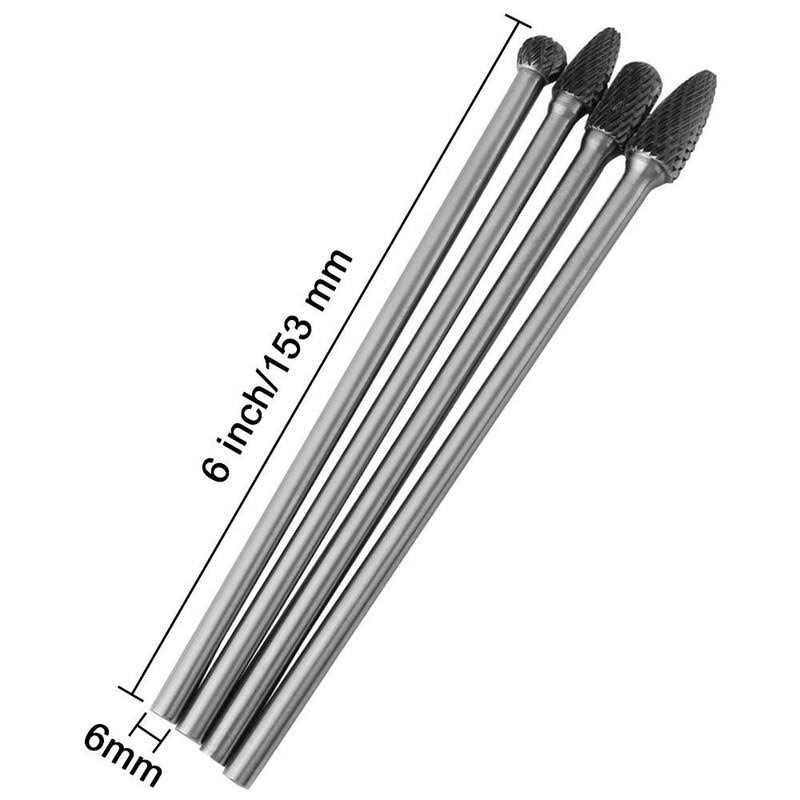4pcs Tungsten Carbide Burr Set 6mm Shank 6-inch Length S559