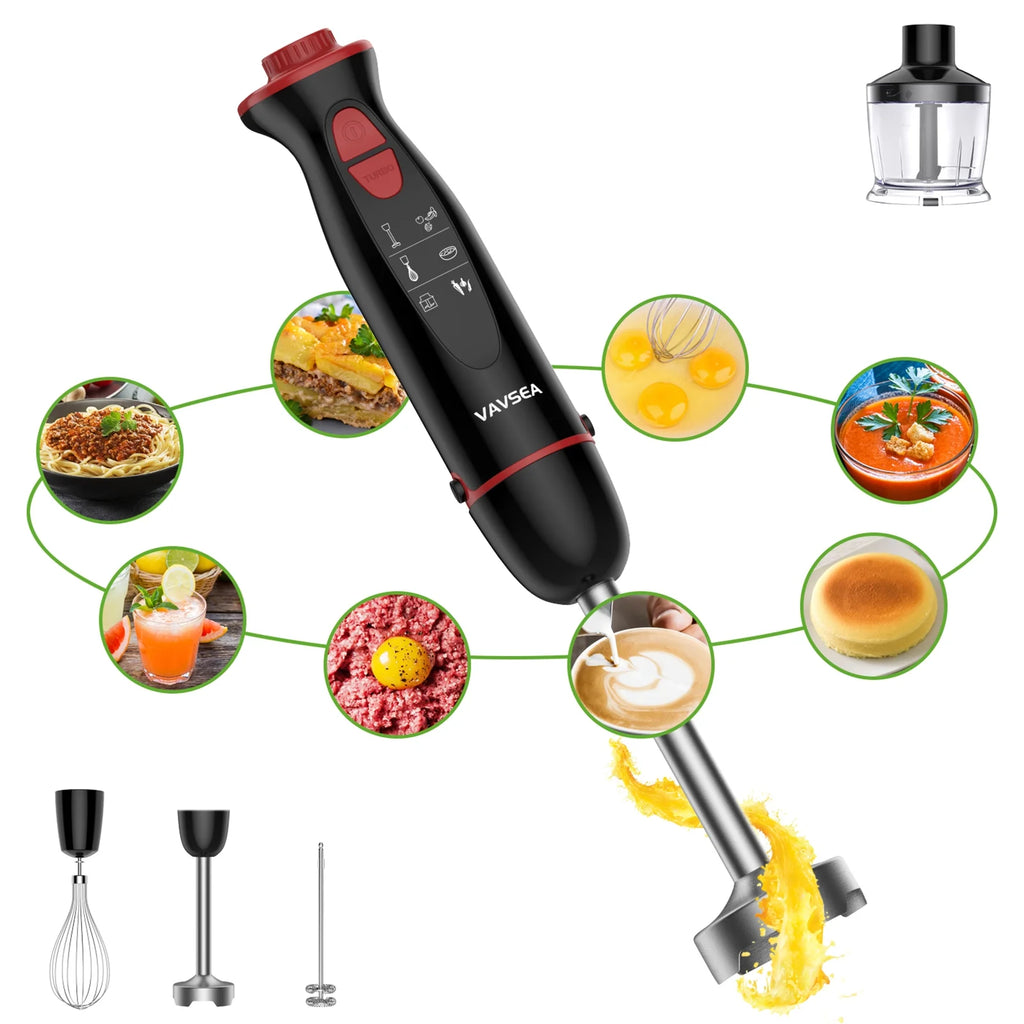 12-Speed Stainless Steel Hand Blender with Chopper, Beaker, 600ml, Whisk and Milk Frother V496