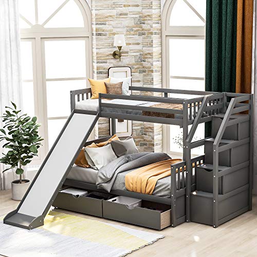 White Wood Twin Over Full Bunk Bed with Slides, Stairway, Drawers, and Safety Fence H661332