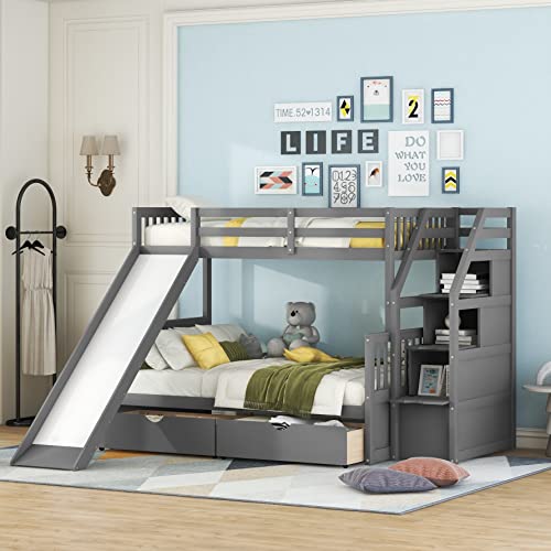 White Wood Twin Over Full Bunk Bed with Slides, Stairway, Drawers, and Safety Fence H661332